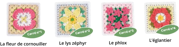 Les carrés 1 à 4 de votre plaid crochet en 3D