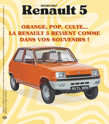 Inoubliable Renault 5. Orange, pop- culte… la Renault 5 revient comme dans vos souvenirs ! La « Supercar » star des années 70 est de retour à l’échelle 1/6 ! Je fonce, nouvel onglet